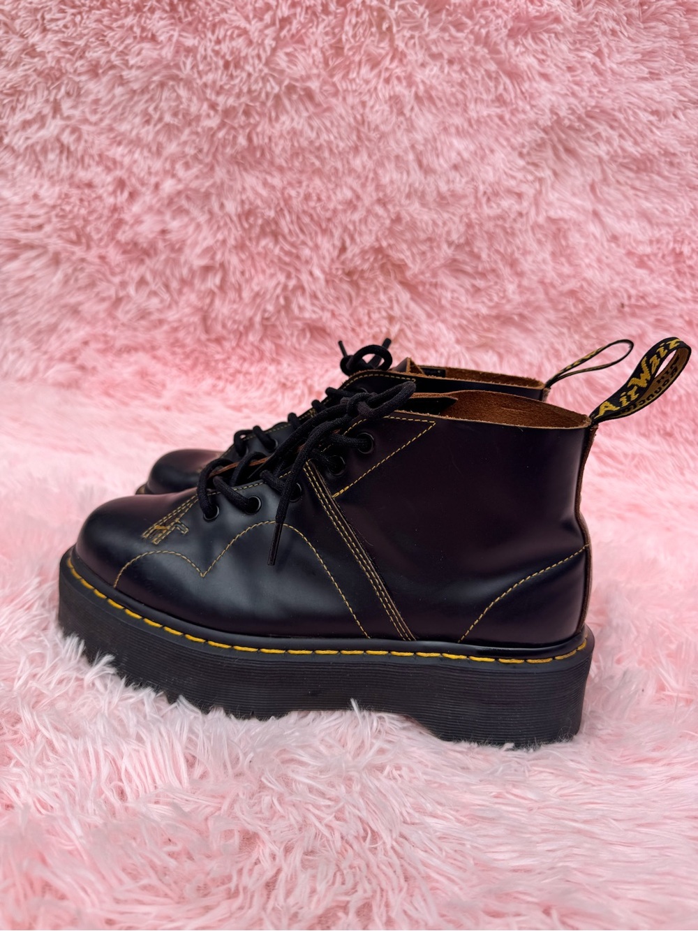 Dr. Martens Black Lace-Up Platform Boots with Yellow Stitching